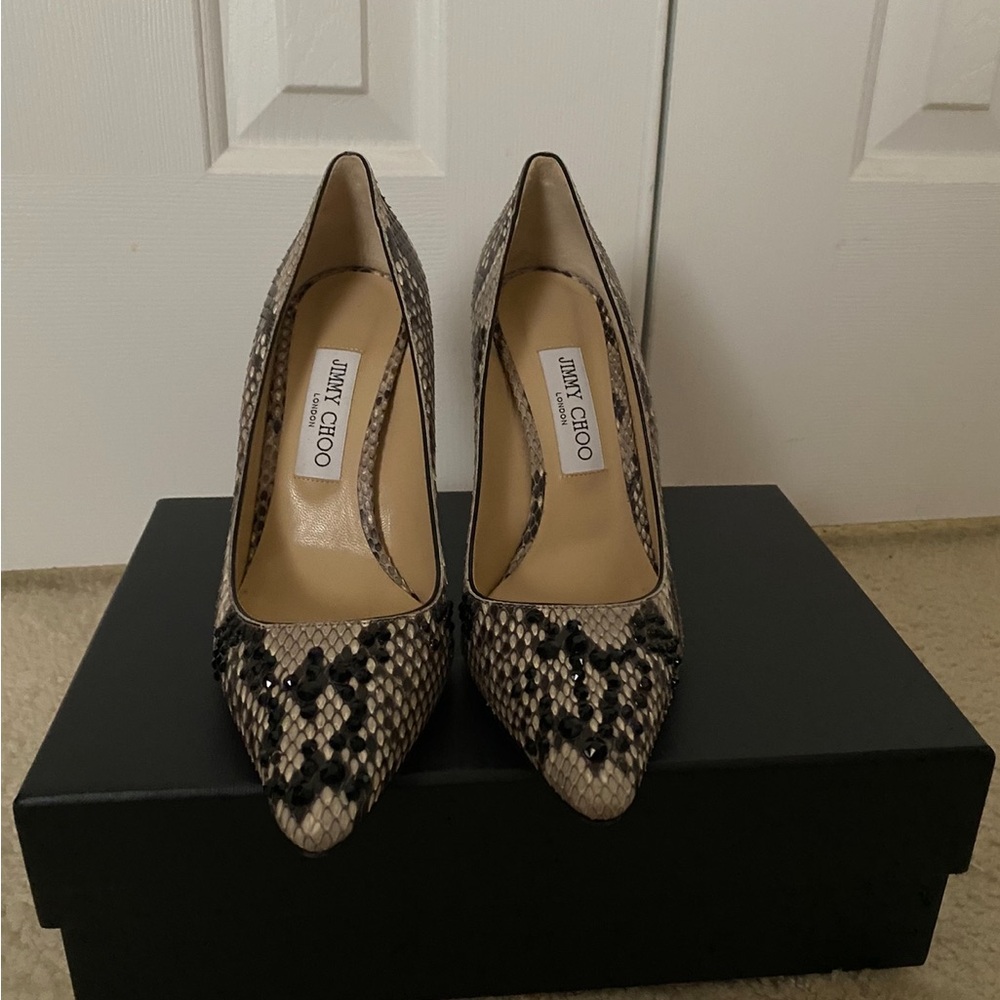 Jimmy Choo Black and Cream Snakeskin Heels